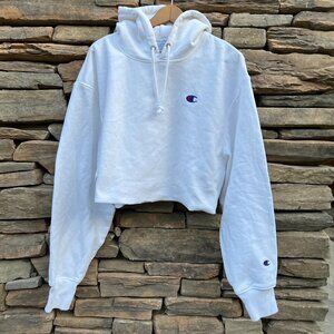 Champion Hoodie Womens XL White Reverse Weave Cropped Pullover Sweatshirt Logo